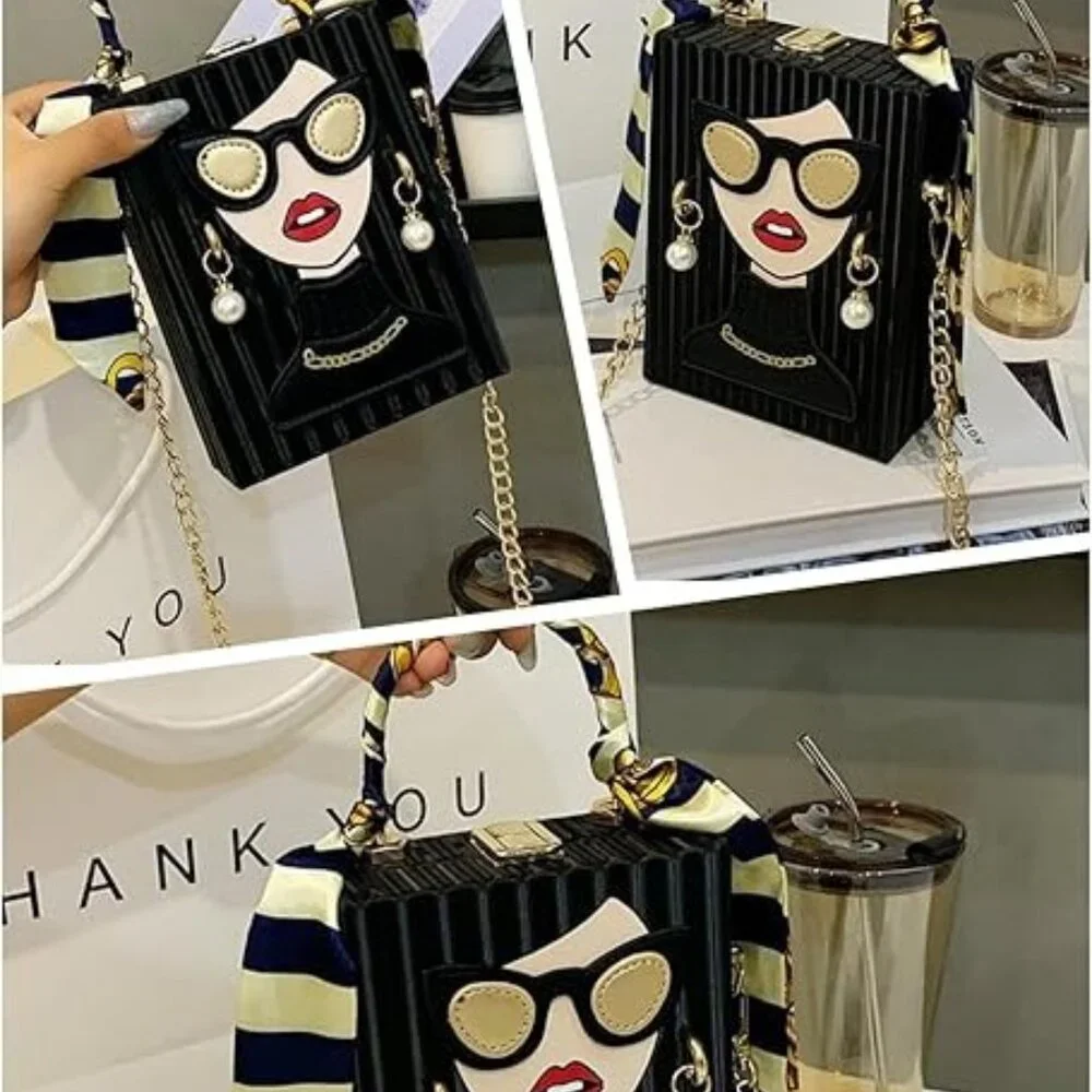 🔥Chic Fashion Lady Face Trendy Box Handbag w/Pearl Earrings Scarf Twilly Handle - Picture 8 of 10